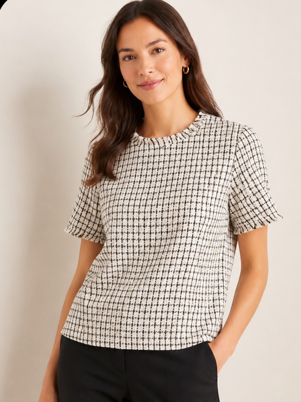 Ann Taylor Black and White Checkered Short Sleeve Top Tweed
